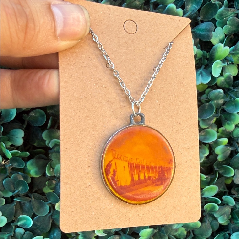 Vintage Repurposed Round Orange Image Pendant Necklace
